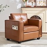 TYBOATLE Brown Faux Leather Accent Chair, Comfy Living Room Chair Reading Oversized Accent Chairs Tufted Mid Century Modern Arm Chair, 38.58' Wide Armchair for Office Bedroom Lobby