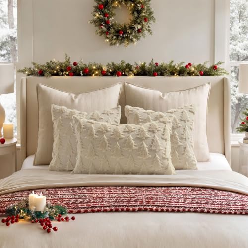 Image of MIULEE Christmas Throw Pillow Covers Lumbar Beige Christmas Decorations Xmas Tree 16x24 Pillow Covers Soft Plush Faux Wool Pillowcases Holiday Festivals Winter Home Decor Sofa Couch Bed Porch