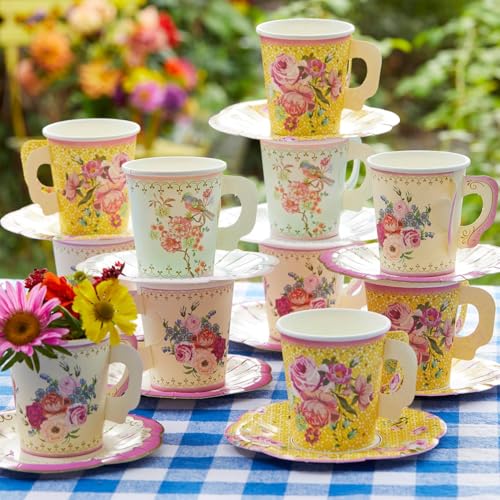 Talking Tables 24 x Vintage Paper Floral Disposable Tea Cups & Saucer Set, Afternoon Tea Party Table Decorations For Mother’s Day, Birthday, Baby Shower, Wedding - 6inches