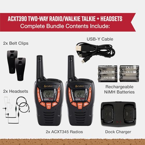 Image of Cobra ACXT390 Walkie Talkies & Compatible Cobra Surveillance Headset - Rechargeable, 22 Channels, Long-Range, 2 Two-Way Radios, 2 Headsets, Black /Orange