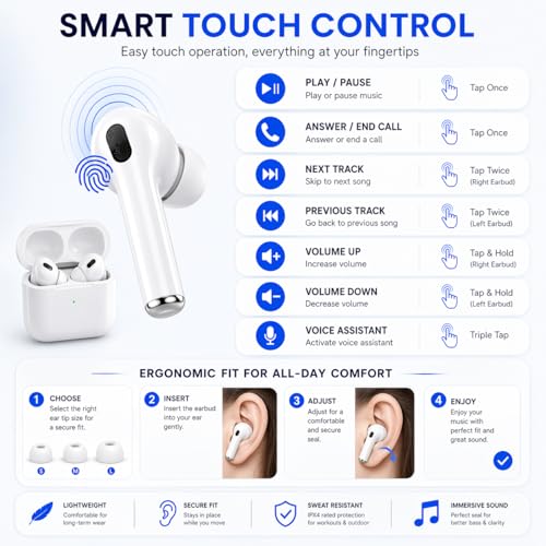Image of TWS Earbuds with BT 5.3, Touch Control, Deep Bass, Mic, Type-C Charging, White (2)