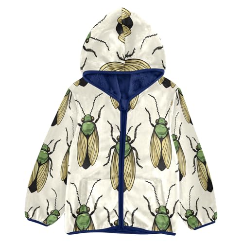 Green Bugs Pattern Print Toddler Fleece Jacket Girl Boys Hooded Fleece Jacket Coat Warm Outwear Zip-up 3-10T