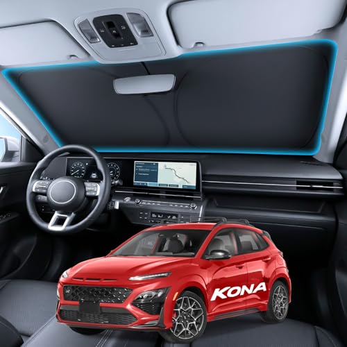 Image of Wigoo for Hyundai Kona Windshield Sunshade [OEM Design, 100% Sun Blockage] Foldable Heat Insulation Sun Shade with Storage Bag, for Hyundai Kona (2018-2026), Silver Coating
