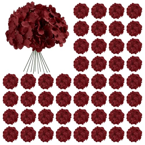 Auihiay 64PCS Burgundy Hydrangea Artificial Flowers Silk Hydrangea Heads with Stems Fake Flowers for DIY Wedding Centerpiece Home Party Baby Shower Garden Decoration (Burgundy)