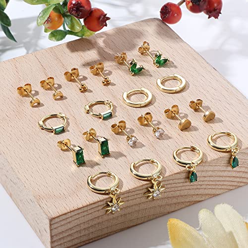 HAIAISO 10 Pairs 14K Gold Plated Huggie Hoop Studs Earrings for Women Small Dangle Hoop Earring Stacks Green Earrings Set for Multiple Piercing3