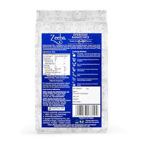 Image of Zeeba Everyday Basmati Rice 1 Kg, Perfect for Everyday Cooking (Cooked length upto 14mm*)