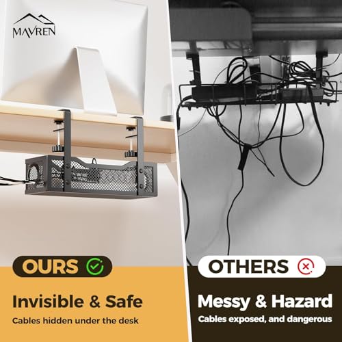 Image of Under Desk Cable Management Tray, Cable Organisers, Cable Management Tray for Power Strips, Extension Boards & Wires, Metal Cable Organizer Rack for Home & Office (Black)