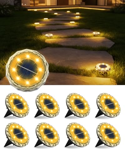 MOXTOYU 8 Stück Solar Bodenleuchten Aussen 8 LED Warmweiß Solarlampen für Außen IP68 Wasserdicht Automatischer Lichtsensor Wetterfeste Gartenleuchten Solar für Garten Rasen Gehweg Patio Auffahrt