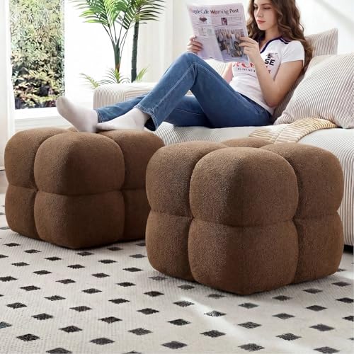 Image of Zesthouse Square Pouf Ottomans Footstool Set of 2, Upholstered Poofy Ottoman for Couch Sofa, Modern Ottoman Coffee Table for Living Room, Rust Brown Boucle Fabric Stool Foot Rest, Cute Vanity Chair