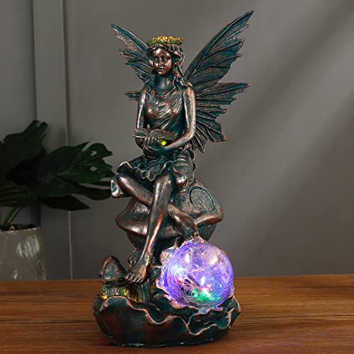 Mibung 12.2 Inch Large Fairy Angel Garden Statue Outdoor With Solar Lights, Resin Vintage Bronze Fairy Elf Girl Sculpture Art For Patio Lawn Yard Porch Home Decor, Halloween Christmas Ornament Gift #TOP3