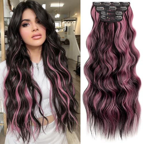 Image of KooKaStyle Wavy Thick Clip in Hair Extensions 24 inch Natural Black Pink | Natural Volume & Seamless, 4 Pieces Clip in Extensions,Fiber Double Weft Hairpieces,Wave Long Synthetic Hairpiece for Women
