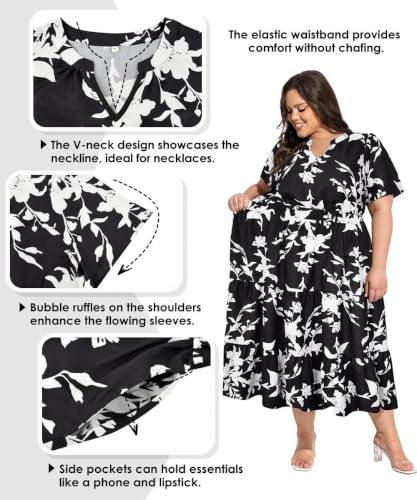 Image of TIYOMI Women Plus Size Dress Boho V Neck Short Sleeve Beach Maxi Dresses Floral /Stripe /Leaves /Lemon XL-5XL
