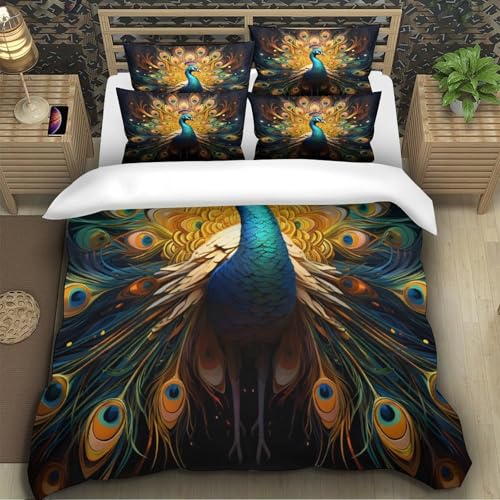 Parure de lit paon 3 pièces King en microfibre avec 2 taies d'oreiller - 5