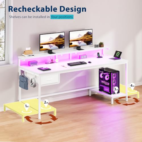 Image of DurayLoly 55 inch Computer Desk with Power Outlet & Fabric Drawer,White