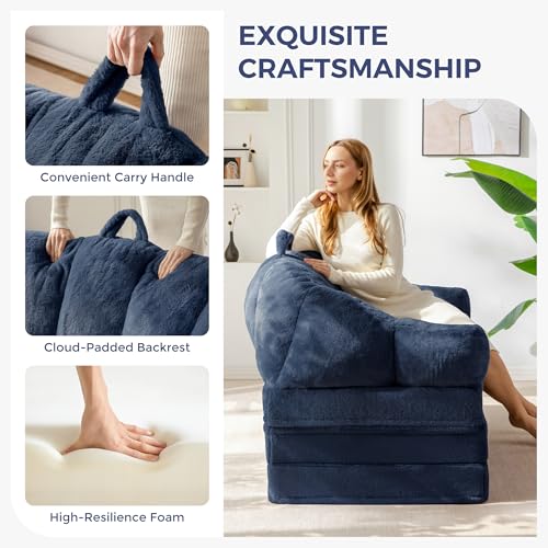 Image of MAXYOYO Folding Sofa Bed, 2 in 1 Convertible Sofa to Lounger Comfy Loveseat Bean Bag Chair for Adults, Floor Couch with Handle, Faux Fur Couch Bed for Living Room Bedroom, Navy, Loveseat