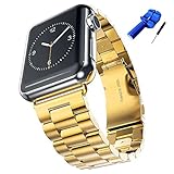 HUANLONG Latest Solid Stainless Steel Metal Replacement 3 Pointers Watchband Bracelet with Double Button Folding Clasp for Apple Watch iWatch Series 1/Series 2, Gold, 42 mm