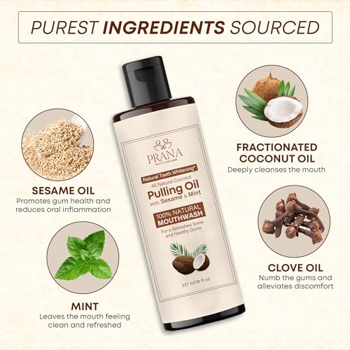 PRANA Coconut Oil Pulling Mouthwash with Tongue Scraper - Ayurvedic Oil for Clean Rinse with Coconut Oil, Clove & Mint for Bad Breath - Optimal Gum Health & Oral Care - Vegan, Fluoride Free - 237ml