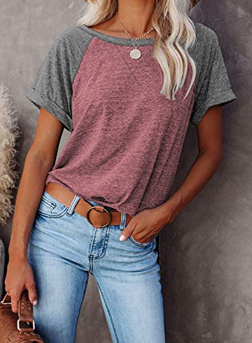 Dokotoo Womens Summer Plus Size Color Block Raglan Tee - Soft, Loose, Round Neck Top, Red Medium #TOP1