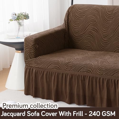 Image of HOKIPO 240 GSM Premium Jacquard Fully Covered Stretchable Frill Sofa Cover for 2 Seater, 'Serene Wave Series' Pecan Brown (AR-6353-BR)