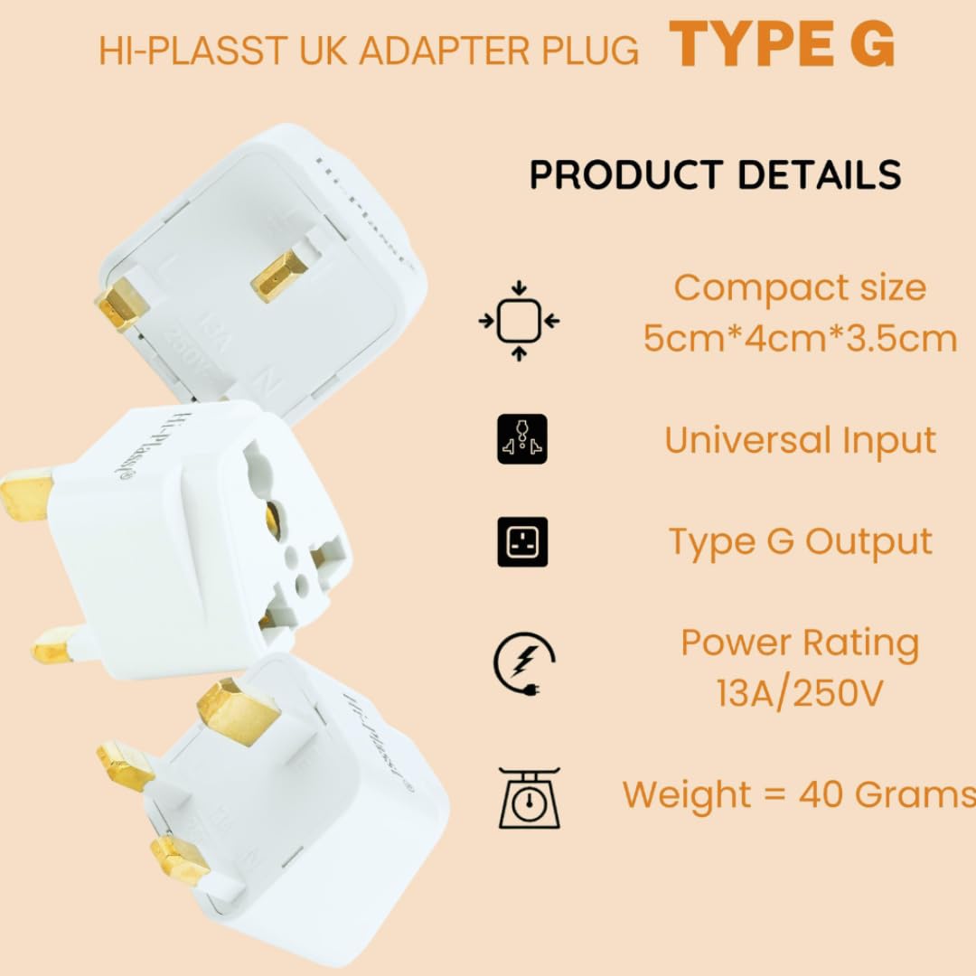 Hi-Plasst (Pack of 5) India to UK Type G Travel Adapter Plug - Universal Converter for UAE, Dubai, Singapore, Hong Kong, Ireland - UK Pin Adapter for Indian Plugs, Compatible with Phone, Laptop — Amazon image 2
