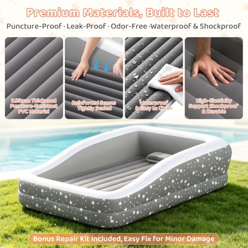 Image of Toddler Air Mattress Inflatable Kids Bed Blow Up Travel Mattress Rails Grey | 4-Sided Safety Rails, 30% Thicker Puncture-Resistant PVC, 20S Fast Inflation, Indoor & Outdoor Kids Bed with Pump & Pillow