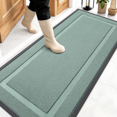 Image of OLANLY Front Door Mat Indoor Outdoor Entrance, Waterproof All-Season, All-Weather Doormat, Sturdy Natural Rubber, Low Profile, Easy Clean Patio Porch Entryway Mat, 59x23, Grayish Green