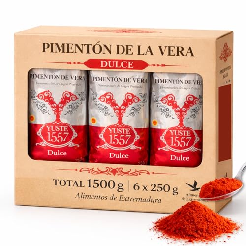 Pimentón de la Vera Ahumado Dulce, Denominación Origen Protegida, Pimentón Yuste 1557, Producido en Extremadura, Ideal para guisos, carnes, salsas y platos tradicionales, 6 bolsas de 250 gr