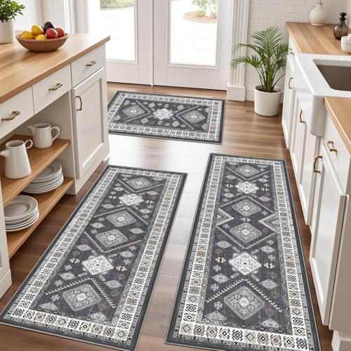 3 Piece Washable Kitchen Rugs Non-Slip, Boho Kitchen Mats Set for Floor, Foldable, Thickened, and Plush Soft, Easy to Clean
