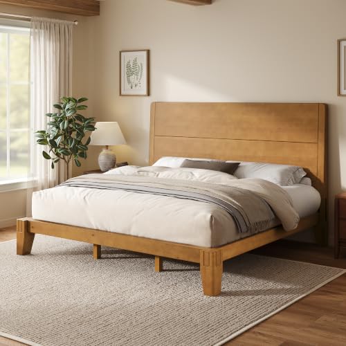 Image of AMERLIFE Solid Wood King Bed Frame with Headboard, Japanese Joinery, Brown