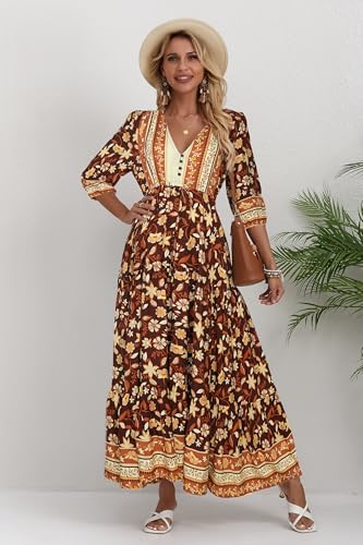 Image of Women Short Sleeve V Neck Floral Print Casual Bohemian Maxi Dresses