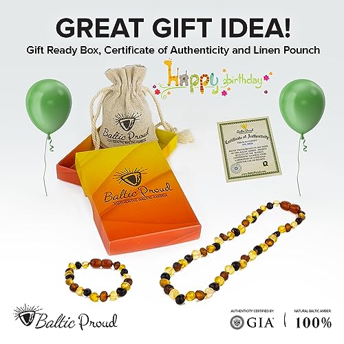 Baltic Proud Raw Amber Necklace and Bracelet Gift Set (Unisex Multi 12.5 Inches/5.5 Inches) - Certified Premium Quality Sea