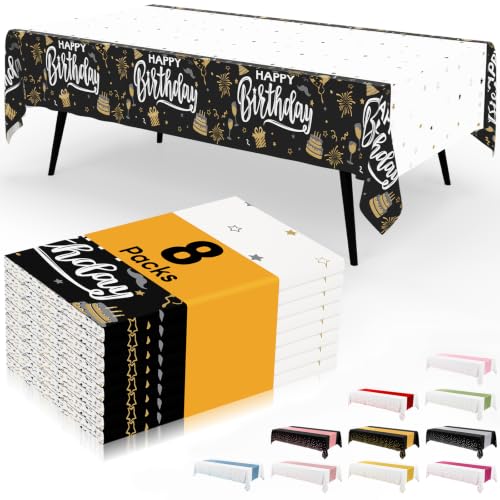 Image of Smiry Plastic Table Cloth Disposable 8 Pack, 54 x 108 Inch Waterproof Rectangle Tablecloths for Birthday, Parties, Decorative Plastic Table Cover, Leakproof & Sturdy, Black & White