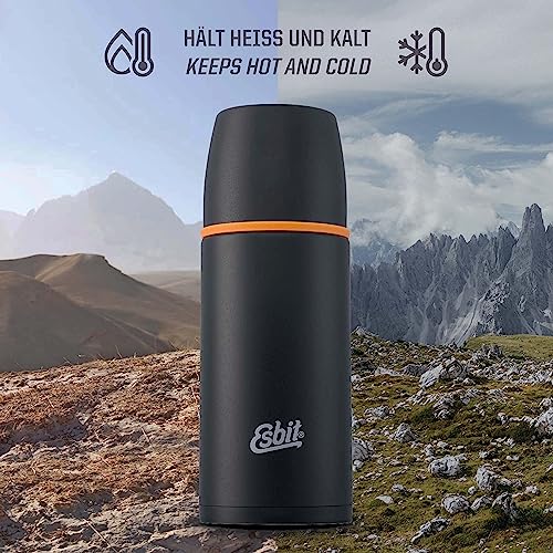 Esbit Edelstahl Isolierflasche Classic 1000 ml in Schwarz - für warme und kalte Getränke - Edelstahl Thermoflasche mit 2 Bechern