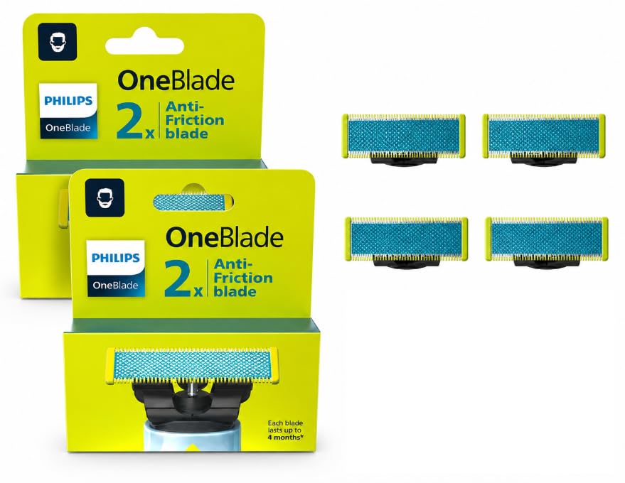 Philips OneBlade Lames de Rechange Anti-Friction 4 Lames (2x2) – Compatible Rasoir Électrique Homme Visage & Corps – Technologie Anti-Irritation –...