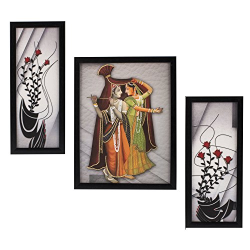 Indianara 3 Pc Set of Radha Krishna Paintings Without Glass 5.2 X 12.5, 9.5 X 12.5, 5.2 X 12.5 Inch