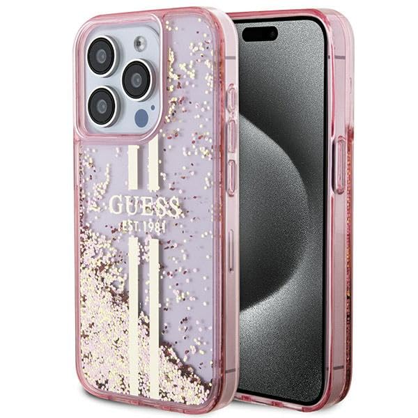 Guess GUHCP15LLFCSEGP Coque pour iPhone 15 Pro 6,1" Rose Coque Rigide Liquide Paillettes Or Rayures