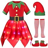 Gomukot Direct Girls Elf Costume Christmas LED Light Up Elf dress Xmas Holiday Party Outfits (7-8 Years)