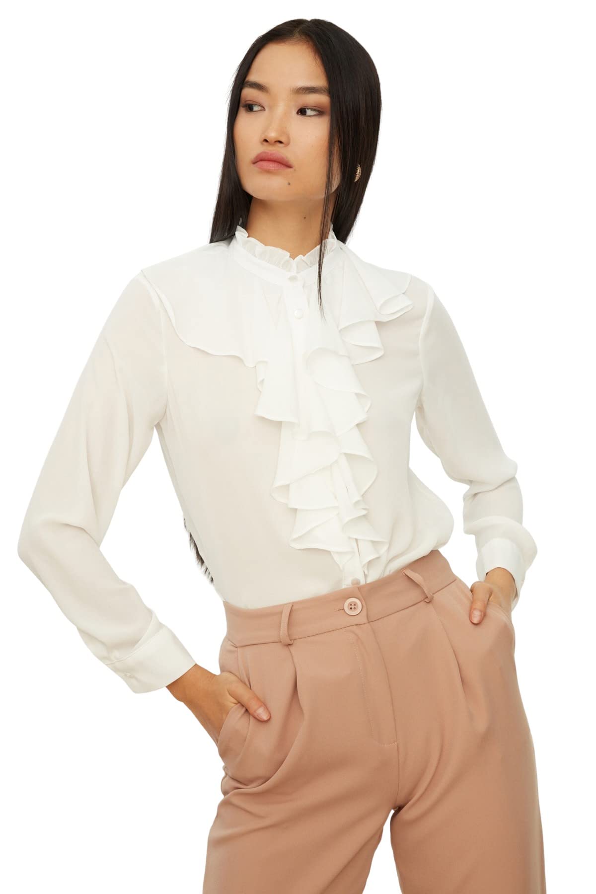 Trendyol FeMan Regular fit Basic Standing Collar Woven Shirt Ecru