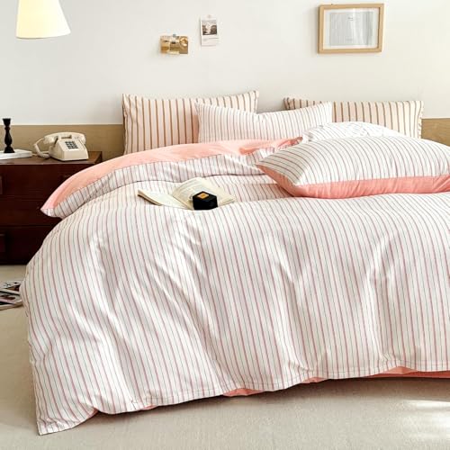 Image of EAVD Pink White Striped Duvet Cover Twin Soft 100% Cotton Pink Vertical Ticking Stripes Bedding Set with 2 Pillowcases Modern Geometric Pattern Duvt Cover with Zipper Closure