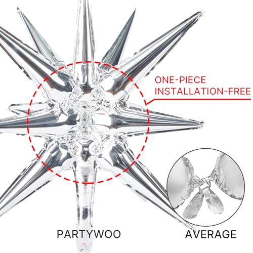 Image of PartyWoo Metallic Silver Star Balloons 110pcs Different Sizes 18 12 10 5 Inch Pack 22 Inch Silver Spike Star Explosion Foil Mylar Balloon Arch Kit for Birthday Party Decorations Silver-G102
