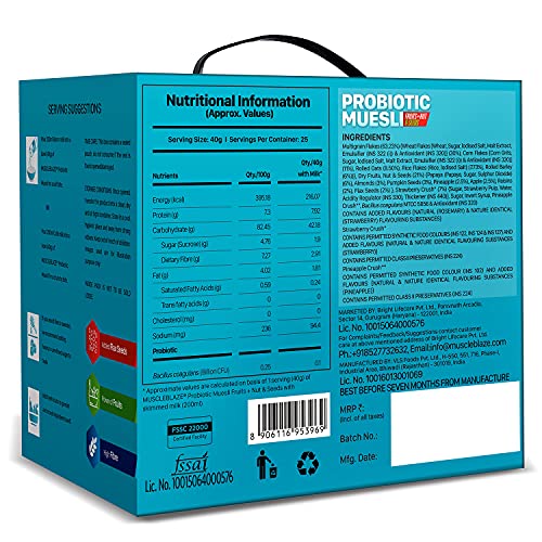 Image of MuscleBlaze Probiotic Muesli, Breakfast Cereals For Good Gut Health, Fruits, Seeds and Nuts, Multigrain Flakes, High In Fibre, Antioxidant-Rich, 1 kg