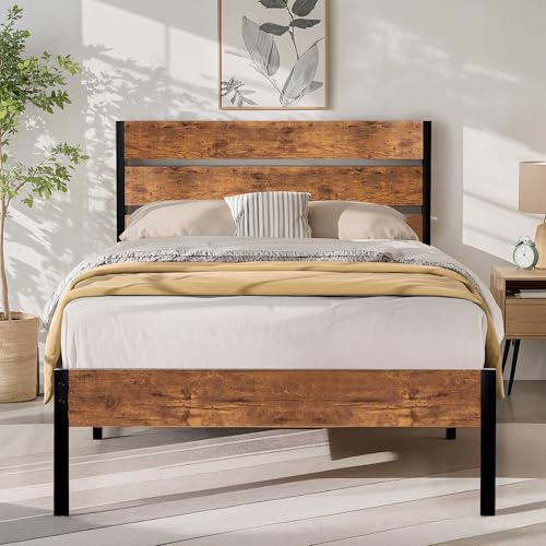 VECELO Bettgestell 90 x 200 cm, Metallbett mit Dick Holzkopfteil und Lattenrost, Doppelbett mit Stauraum unter dem Bett, perfekt für Schlafzimmer,Braun VECELO Bettgestell 90 x 200 cm, Metallbett mit Dick Holzkopfteil und Lattenrost, Doppelbett mit Stauraum unter dem Bett, perfekt für Schlafzimmer,Braun