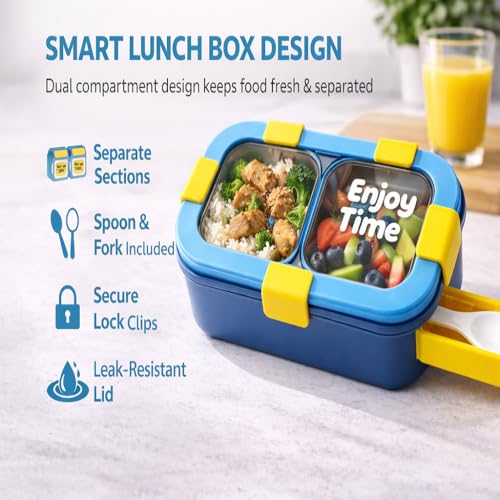 Image of Children's Stainless Steel Bento Lunch Box with 2 Compartments Durable Leakproof Reusable Tiffin Container for School, Daycare, Picnic, Travel & Outdoor Activities (BPA-Free Design)