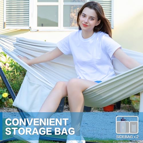 Image of PNAEUT Double Hammocks with Stand for Outside, Portable Space Saving Heavy-Duty Steel Stand for Indoor Outdoor Patio with Carrying Bag, 450 lbs Capacity (Beige)
