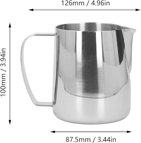 Miniatura 3 de Jarra de espuma de leche, 15 onzas, de acero inoxidable, pequeña jarra de espuma de leche, punta gruesa, boca espumadora de leche (plateada)