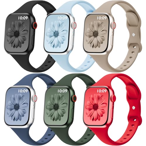 Image of 6 Pack Thin Silicone Compatible with Apple Watch Bands Women Men | Sport Strap Narrow Wristband for iWatch 38mm 40mm 41mm 42mm 44mm 45mm 46mm 49mm Series 11 10 9 8 SE 7 6 5 4 Ultra 3 2 1