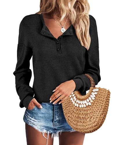 Image of AURUZA Long Sleeve Shirts for Women Henley Shirts Waffle Knit Tops Casual Loose V Neck Tunic Tops Fall Outfits Waffle TShirt