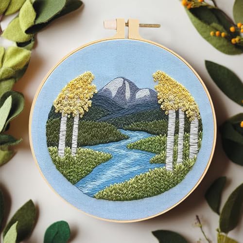 Image of Huacan 5 Complete Embroidery Starter Kit for Beginners Includes Sun Landscape Pattern Full Range of Stamped Kits for Endless Creative Possibilities (Flower and Scenery)