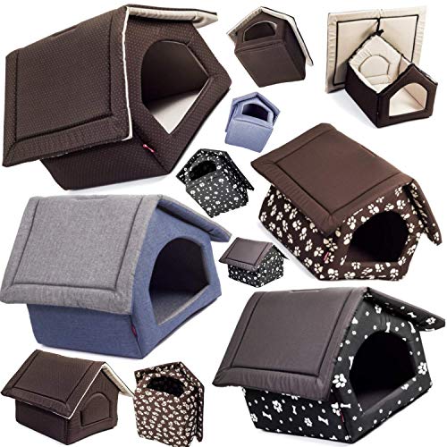 Elegant Hundehöhle, Hundehütte | Größe XL: 44 x 55 x 43 cm | Farbe: Schwarz - Muster: Pfoten | Hundehaus für mittlere und Große Hunde | Katzenhaus, Katzenhöhle