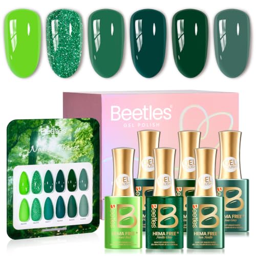 Beetles Green Gel Nail Polish Set, HEMA-Free 15ML Full Size Glitter Gel